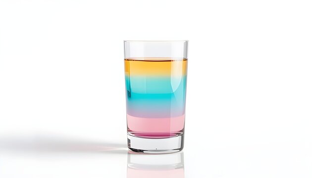 Glass filled with layered colored liquids in pink, blue, and yellow separated by density on white background