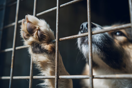 Sad Dog Behind Bars, Abandoned Shelter Dog Rescue and Adoption Concept