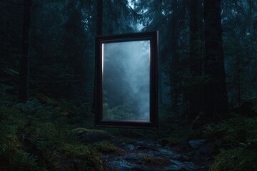Naklejka premium Mysterious forest scene featuring floating frame reflecting fogg