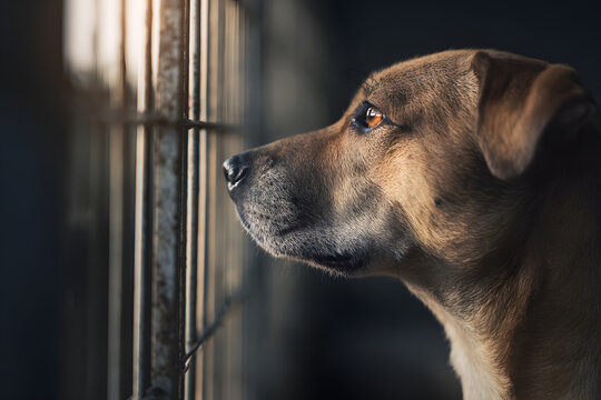 犬のかわいそうで悲しい表情。檻の中で保護犬里親募集のコンセプト