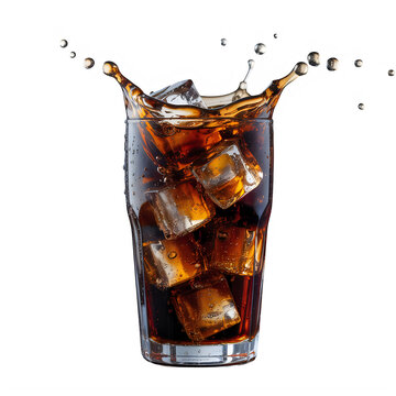 Fresh cola splash in glass with ice cubes isolated on transparent background.