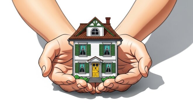 Hands holding a small house with green shutters and yellow door