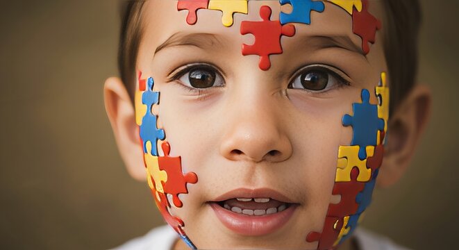 Vibrant autism awareness concept featuring child s face adorned with colorful puzzle pieces