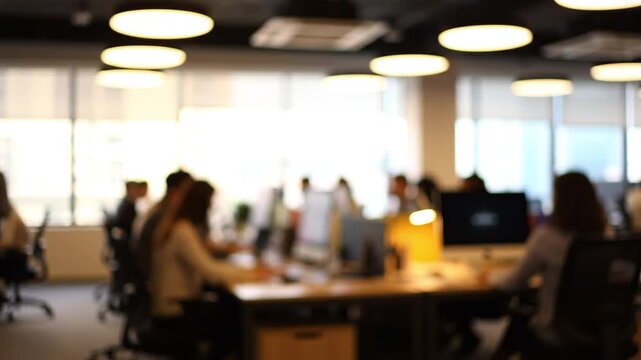 Blurry indoor shot of people working in a modern office setting with bright overhead lighting and desks in view, highlighting productivity and a collaborative work environment