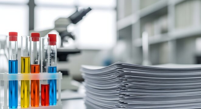Laboratory Testing with Test Tubes and Stacked Research Papers on Scientific Desk in Modern Lab Environment