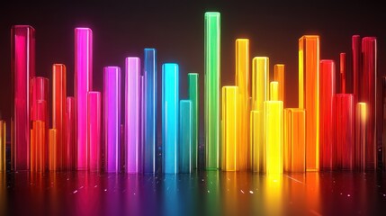 Fototapeta premium Abstract neon city skyline; vibrant colorful, glowing rectangular structures; digital art; possible use in wallpaper, backdrop, or screensaver