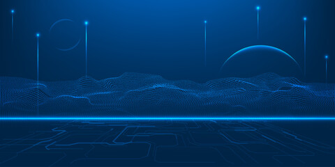 Vector illustrations of digital mesh terrain and hi tech circuit board base with rising up of glowing particles.Abstract technology background. © Alleachday