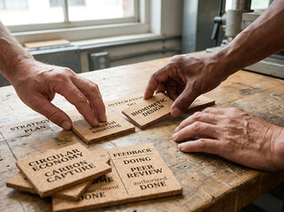 Naklejka premium Hands collaboratively arrange sustainable concept tiles on a workbench, symbolizing strategic planning and the integration of eco-friendly innovations