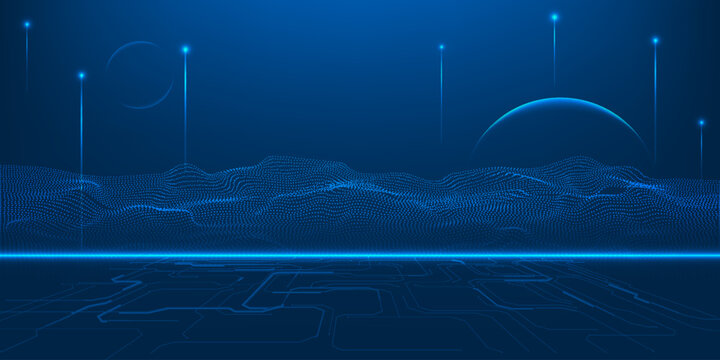 Vector illustrations of digital mesh terrain and hi tech circuit board base with rising up of glowing particles.Abstract technology background.