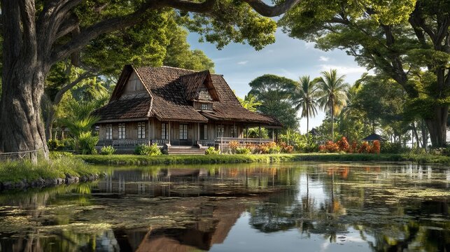 Traditional Indonesian Joglo House Surrounded by Calm Lake and Lush Greenery