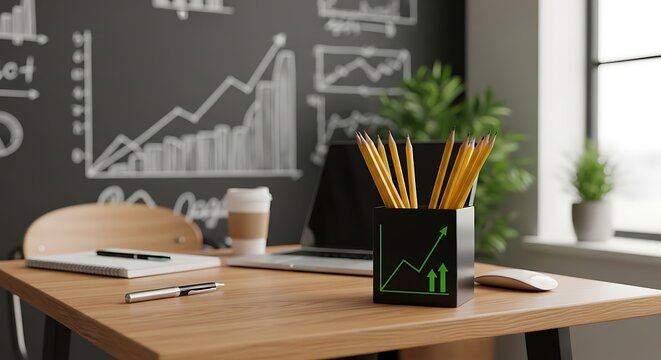modern home office desk setup with plants and financial charts in background