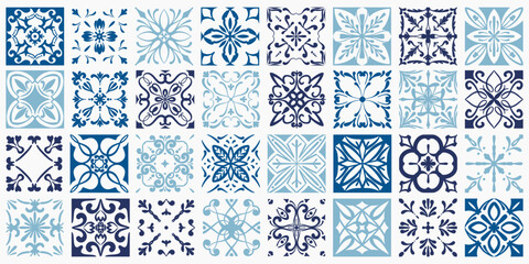Mediterranean ceramic tiles with intricate blue patterns and floral ornaments. Portuguese azulejo mosaic design for decorative walls, floors and traditional tile backgrounds. Vector © Chorna_L