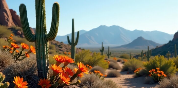 Giant saguaro cactus, vibrant orange blooms, arid landscape, desert_plant, plant, orange