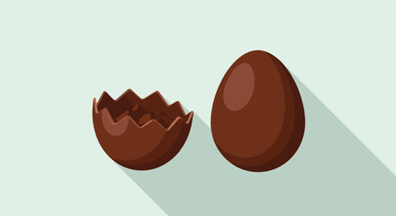 Fototapeta premium Two chocolate Easter eggs, one whole and one cracked open, are depicted with long shadows on a light teal background.