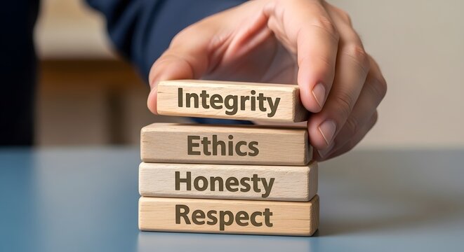 Hand placing wooden block with integrity on top of ethics
