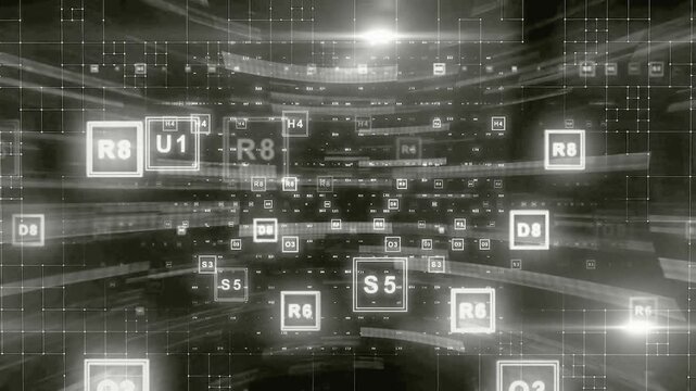 Seamless loop of an advanced artificial intelligence interface displaying complex machine learning algorithms and cloud computing storage blocks.
