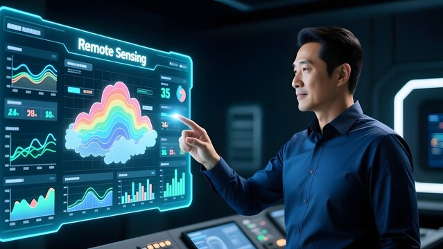 Remote sensing data analyst monitoring global world map, professional engineer working with digital dashboard, satellite telemetry interface in dark control room
