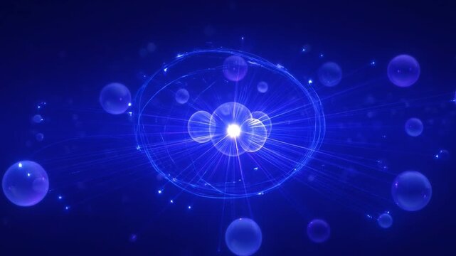 Cosmic Blueprint: A mesmerizing visual of a glowing atom, radiating energy and complexity against a deep blue canvas. This artwork, which explores the fundamentals of the universe.