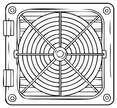 Hand drawn black and white illustration of a cooling fan with protective grille and mounting brackets