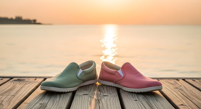 Pink And Green Slip-On Shoes Rest On A Wooden Deck With Sunset Over Water