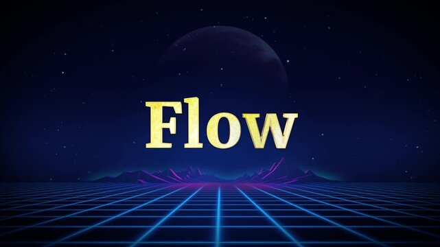 Retro futuristic animation of 'flow' text in gold font on neon grid background with space theme 4k video clip