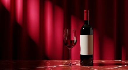Naklejka premium Red Wine Bottle and Glass on Marble Surface Against Red Drapes