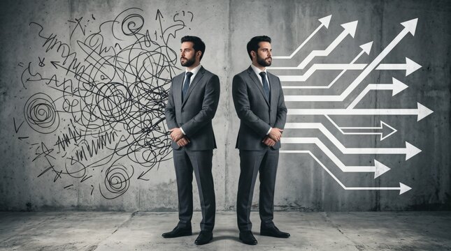 Business Concept of Chaos versus Order with Two Professionals and Directional Arrows.