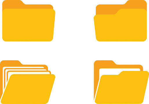 Yellow file folder icons, computer directory organizer graphics, open and closed document storage shapes, office data management, archives, filing