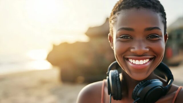 African female young adult headphones portrait on sunlit beach closeup natural beauty gaze warm seaside mood