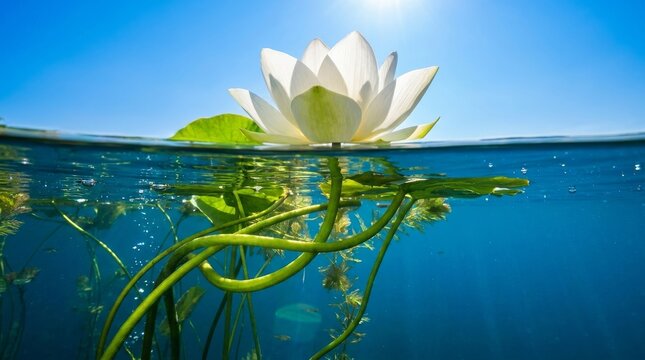 White Lotus Flower Split Level Underwater View in Blue Pond