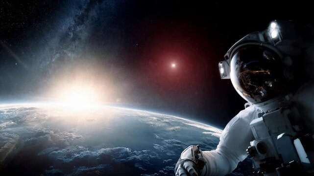 Astronaut floating in space with Earth and stars in the background. An astronaut in a white suit drifts in the vastness of space, with the glowing Earth