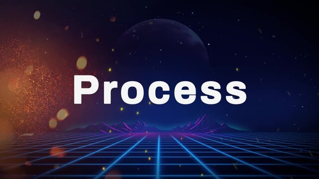 Futuristic 4k video animation showing process development with neon grid planets and copyright symbol in cosmic landscape