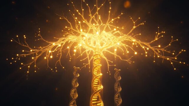 Genetic Tree of Life: A captivating visualization unveils a glowing, golden tree of life, interwoven with the elegance of DNA, symbolizing the essence of life's intricate structure.