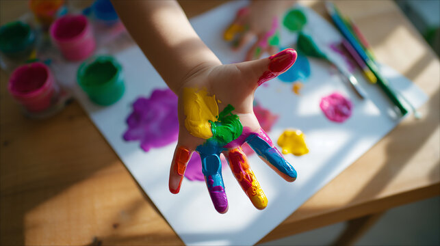 Close up of a child's hand covered in colorful finger paint