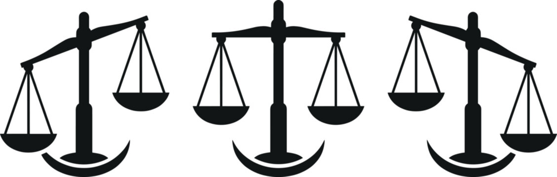 Scales of justice icon, legal balance symbols, courtroom law equity sign, measurement weight tool, judgment authority, fairness professional concept.