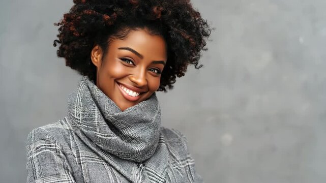 Young african female adult portrait in grey plaid coat and thick scarf soft expression studio backdrop