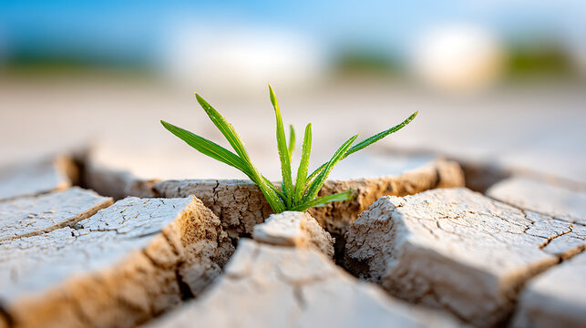 Cracked soil with a single green sprout, symbolizing hope and resilience in harsh climate conditions.