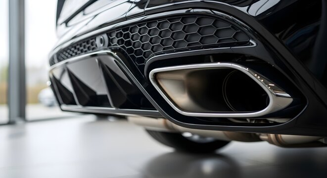Close-Up View of a Sleek Car Exhaust Pipe with Black Grille Detail