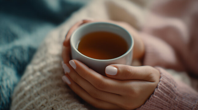 Close up of a woman's hands holding a warm cup of tea