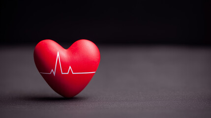 Fototapeta premium Red heart with a heartbeat EKG line on a dark background with copy space
