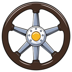 Obraz premium Cartoon illustration of a vintage car steering wheel with a brown wooden rim and metal spokes.