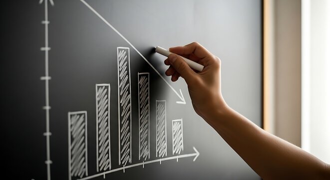 Businessperson drawing increasing graph on blackboard with white chalk