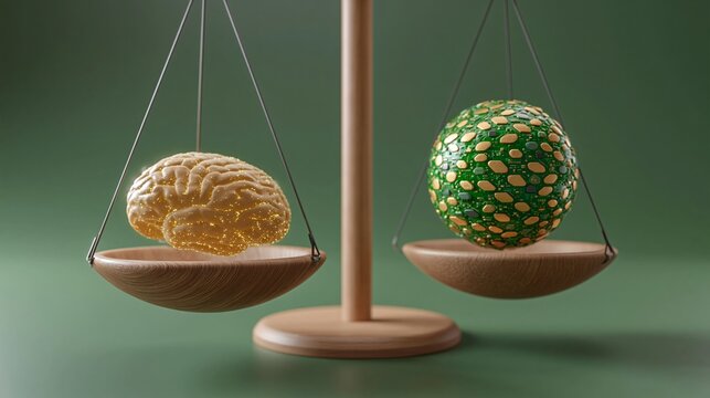 Brain and geometric sphere sit on opposite sides of a hanging balance scale to illustrate the contrast between intellect and abstract form.