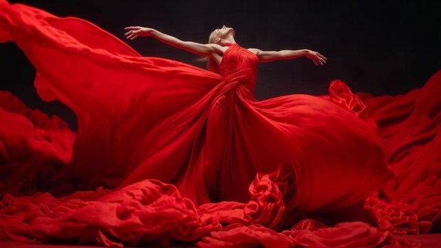 Graceful ballerina in flowing red dress performs elegant dance on dark stage. A solo dancer gracefully moves across a dark stage, her voluminous red gown