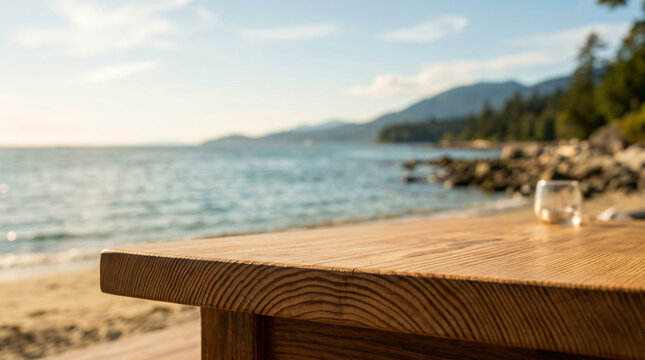 Wooden table on a beach with a glass of water and mountain view.