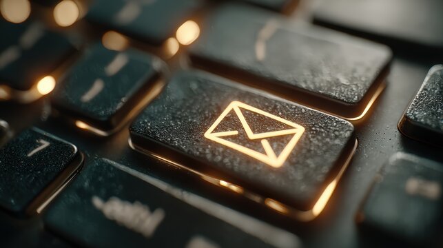 Close Up Macro Of A Glowing Email Icon On A Dark Textured Keyboard With Golden Backlighting