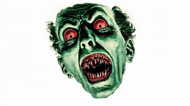 Terrifying monster face with sharp teeth and glowing red eyes, vintage horror style. A close-up, vintage-style illustration of a monstrous creature's face