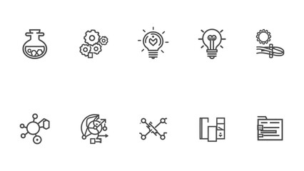 Fototapeta premium Innovative Solutions Icons: A set of minimalistic icons representing various concepts like innovation, development, scientific research, data analysis, and creative ideas.