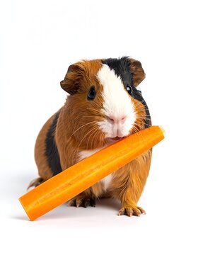 A guinea pig with a brown, white, and black coat holds a large carrot