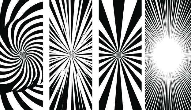 Collection of vertical comic speed lines, manga action background effects, black sunburst rays, radial burst and spiral patterns, radiating graphic elements.